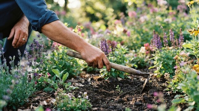 Middle-aged man gardening in a flower bed using a small hand hoe tool for weeding and cultivation