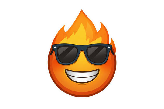 Grinning fire emoji with black sunglasses and bright flames