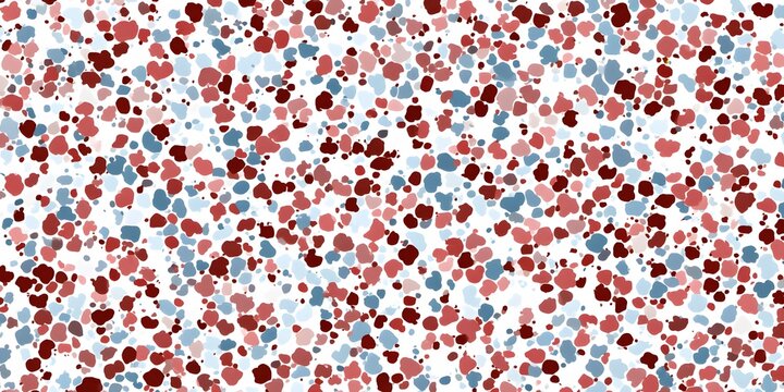 A vibrant texture composed of scattered red and blue circular spots on a white background