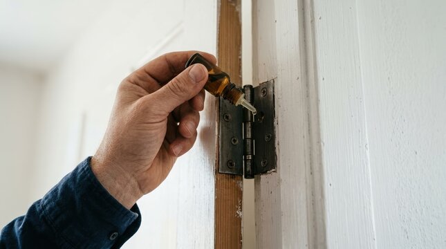 Person applying lubricant oil from a dropper onto a squeaky metal door hinge to fix and maintain it