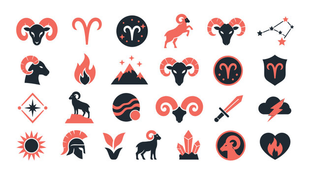 Aries zodiac sign icons and symbols collection.