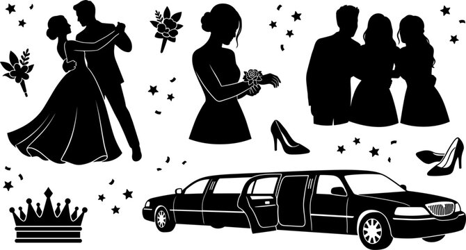 Prom Night and Wedding Silhouette Set with Dancing Couple, Limousine, High Heels, Tiara Crown, and Friends Celebrating for Party Invitations, Romantic Events, and Graphic Designs