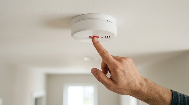 Man testing a smoke detector on the ceiling of a modern home living room interior, safety concept