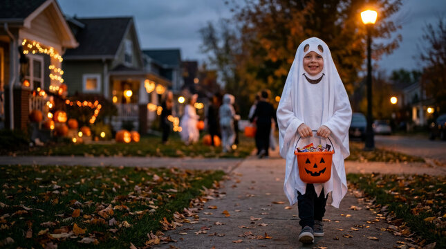 Child in ghost costume trick or treating on Halloween night