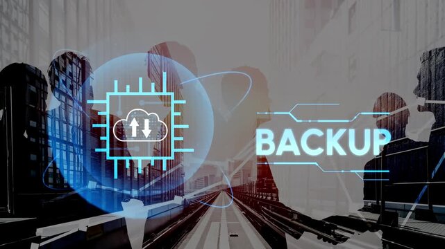 Conceptual image depicting digital cloud storage and backup solutions with silhouettes of professionals discussing technology in an urban setting. Entropy.