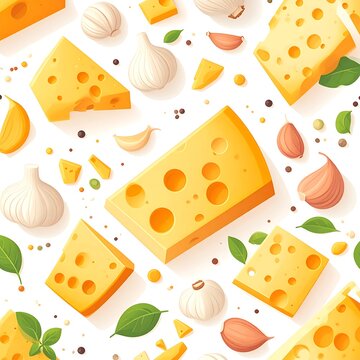Colorful Cheese and Garlic Illustration Pattern.
