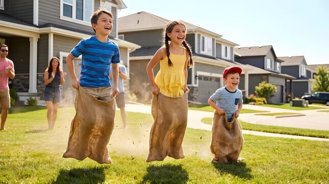 Children competing in a sack race in backyard.