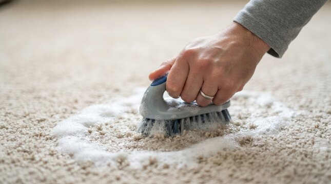 Person scrubbing a carpet stain with a brush and soap suds for deep cleaning and maintenance