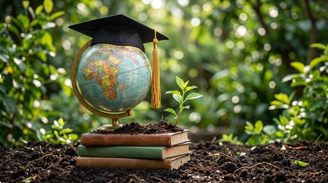 Graduation Cap on Globe with Books and Green Plant for Sustainable Education Concept