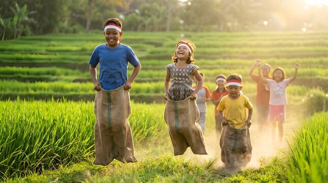 Children competing in sack race on rural rice field.