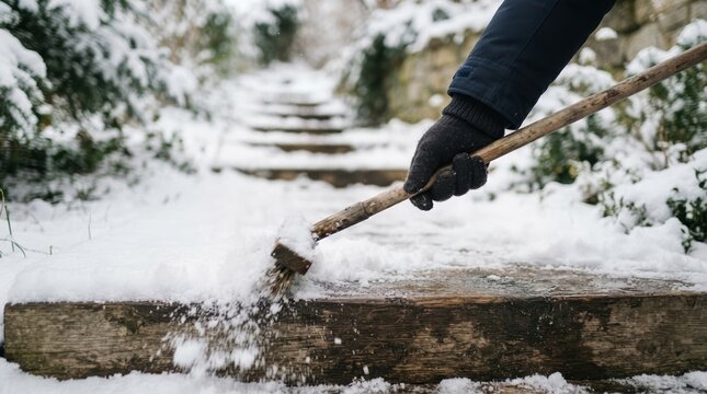 Person clearing snow from wooden outdoor stairs with a brush in winter season