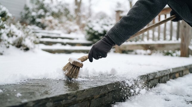 Person in winter clothing sweeping snow off a stone patio with a brush in a backyard