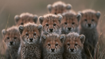 Obraz premium Cheetah cub wild animal baby cat mammal predator group grassland wildlife fur face animal portrait safari nature brown cute young spotted coat herd pack close up blurred background alert eyes ears
