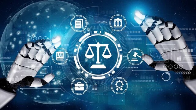 Futuristic Concept of Artificial Intelligence and Law with Robotic Hands Approaching Digital Scales of Justice Against a Cosmic Background. Entropy.