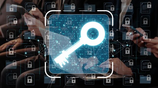 Digital Security Concept with Key Symbol Overlaid on Abstract Background of Data Privacy and Lock Icons Representing Online Protection Sigmoid