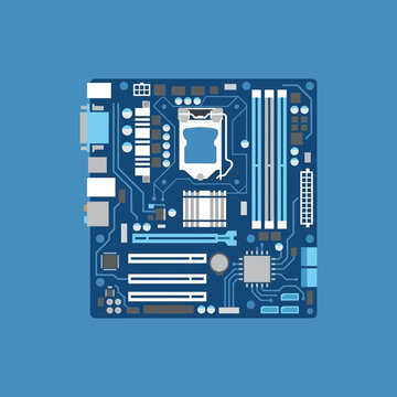 A detailed vector illustration of a blue computer motherboard on a light blue background