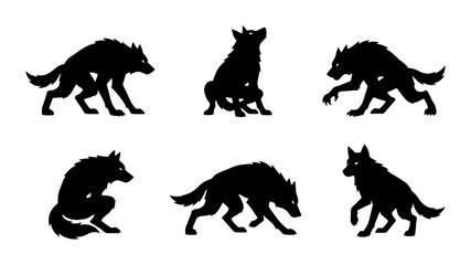 Obraz premium Wolf Silhouettes Set, Wild Animal Poses Vector Pack, Nature Wildlife Graphic Elements