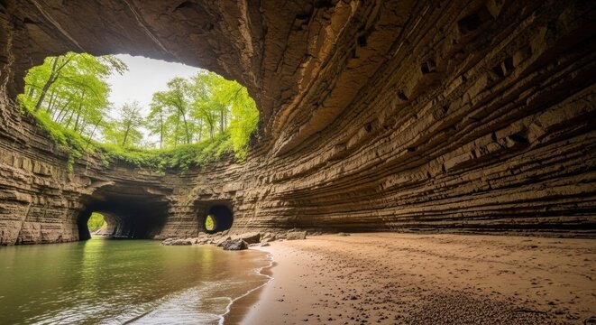 Dramatic interior of a natural stone archway leading to lush forest and riverbank scene