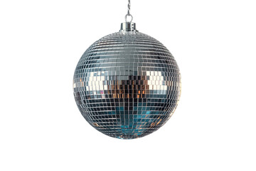 Fototapeta premium Silver mirrored disco ball hanging from a metal chain