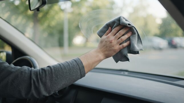 Man cleaning car windshield with microfiber cloth from inside interior view for auto detailing concept