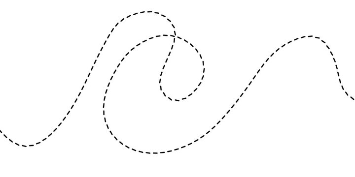 Abstract dashed line graphic forming a winding, dynamic path or an artistic minimalist decorative element on a clean white background, symbolizing movement and conceptual flow
