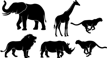 African Safari Wildlife Silhouette Icon Set Featuring Elephant Giraffe Roaring Lion Rhinoceros and Running Cheetah Animals for Nature Conservation Graphic Designs © Mdsumon