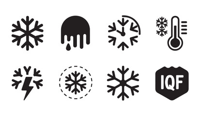 Fototapeta na wymiar Cold and freeze icons set, snowflake, melting ice, temperature, and individual quick frozen symbols.