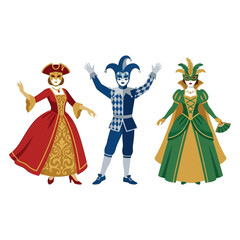Obraz premium A trio of colorful characters in elaborate Venetian carnival costumes