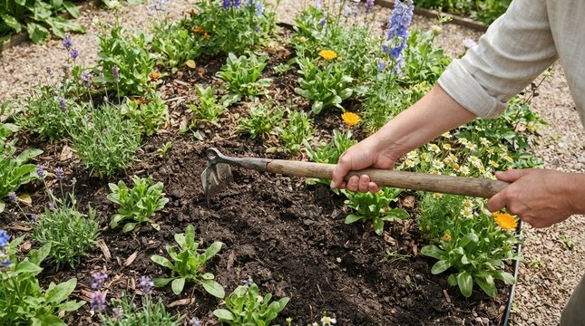 Middle-aged Caucasian woman gardening by weeding and cultivating soil in flower bed with a hoe tool