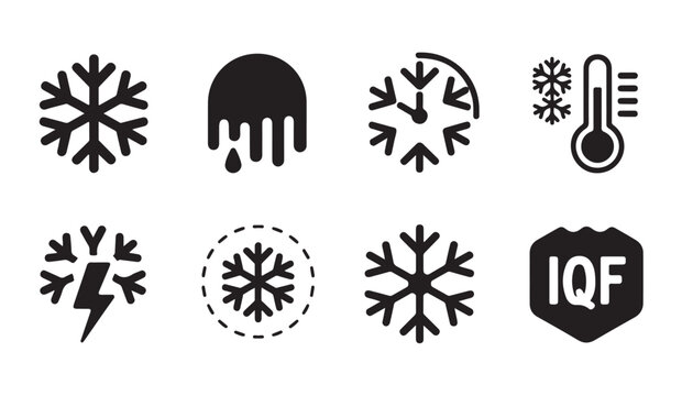 Cold and freeze icons set, snowflake, melting ice, temperature, and individual quick frozen symbols.