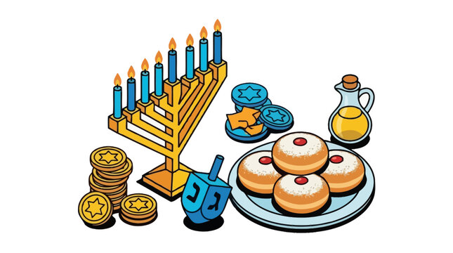 A traditional menorah with sufganiyot and dreidels for the Hanukkah holiday celebration