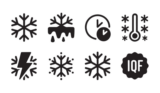 Winter icons including snowflake, melting ice, timer, thermometer and IQF symbol.