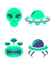 Cute alien monster and flying saucer icon collection flat design