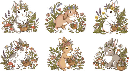 Obraz premium Cute Easter Bunny Vector Character Set Featuring Hand Drawn Cottontail Rabbits Wearing Flower Crowns and Holding Foraging Baskets in Woodland Forests