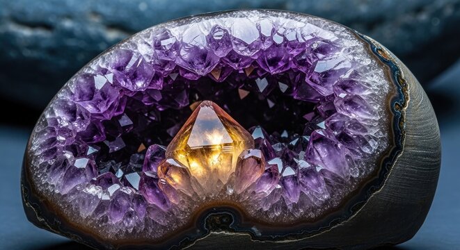 Radiant amethyst geode with citrine centerpiece a stunning mineral specimen for collectors and decor