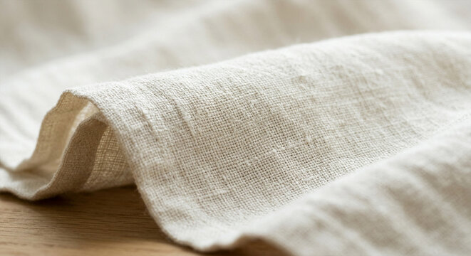 Macro view of natural washed linen fabric texture with gentle organic folds