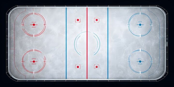 Top down view of an empty ice hockey rink showing the center red line, blue lines, face off circles, and goal crease markings on the frozen surface.