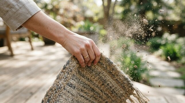 Woman shaking dirt and dust out of a woven rug outdoors for cleaning and maintenance chores