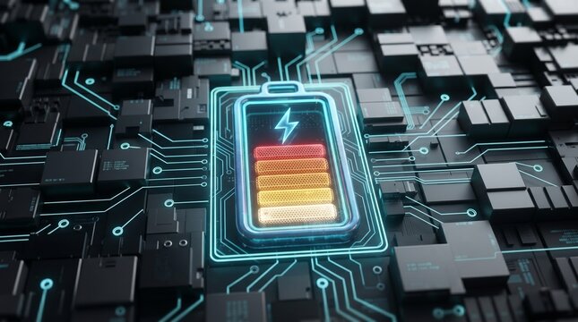 A glowing battery charge symbol placed upon a dark high tech surface 