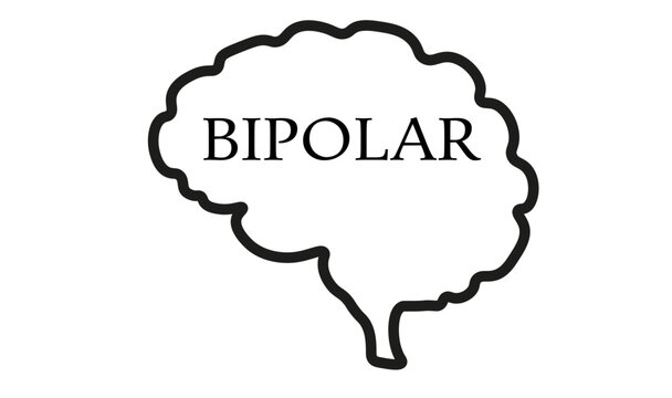 A simple black and white outline of a human brain with the word BIPOLAR written inside.