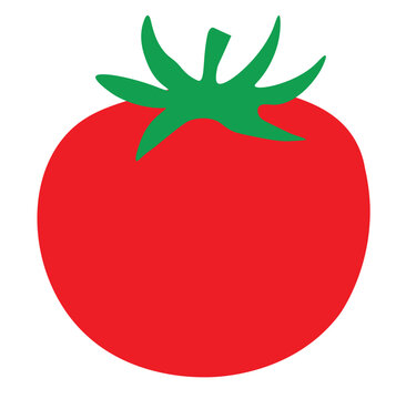 A simple, stylized illustration of a ripe red tomato with a green stem and leaves.