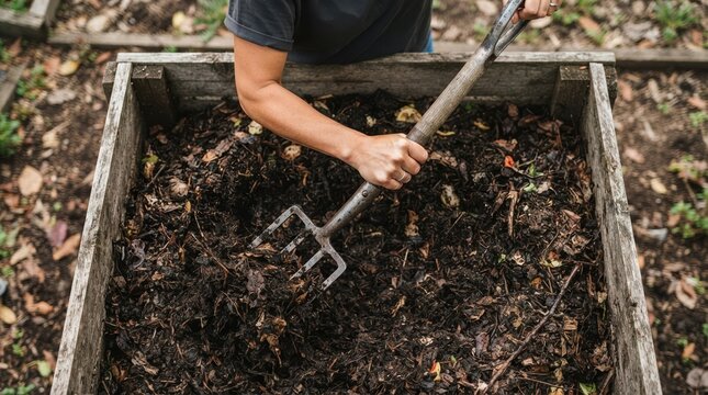 Woman turning compost with a pitchfork in a wooden bin in a garden representing organic gardening and sustainability