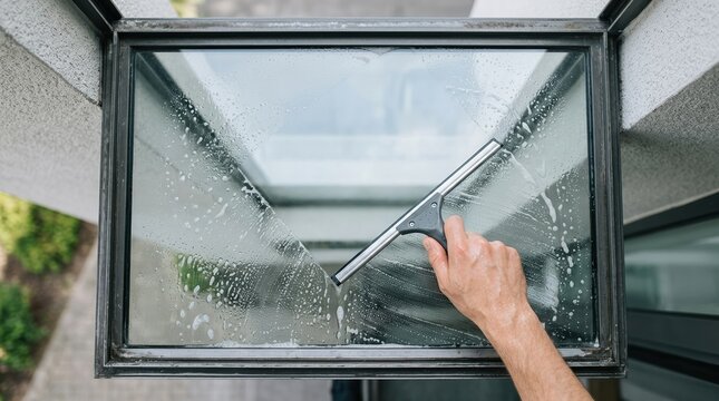 Person cleaning a modern glass window using a squeegee with soapy water for maintenance and hygiene