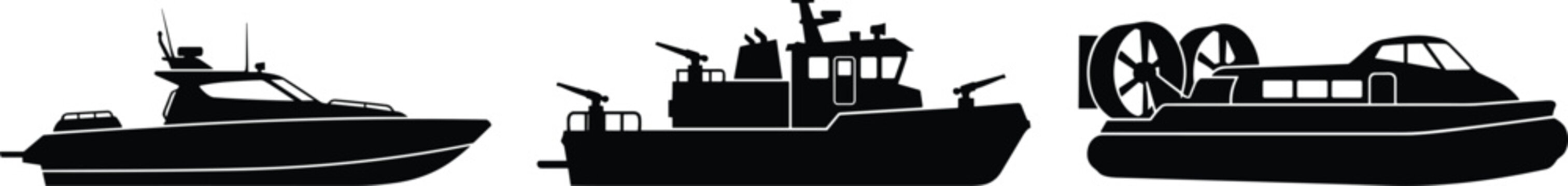 Set of military and patrol watercraft silhouette vector icons including speedboat gunboat and hovercraft