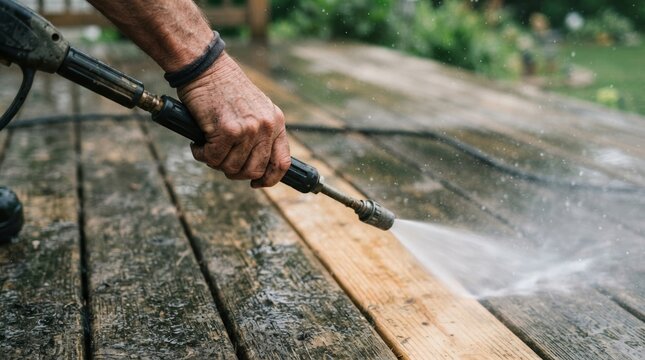 Senior man power washing a dirty wooden deck outdoors for spring cleaning and home maintenance