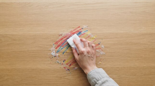 Person cleaning crayon scribbles and drawings off a wooden table with a white magic sponge eraser