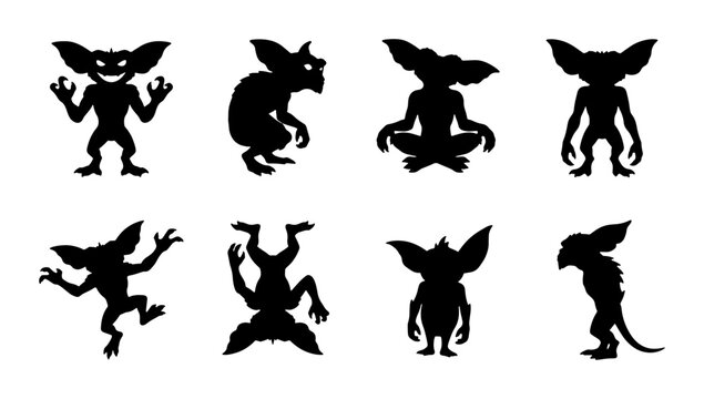 Fantasy Gremlin Silhouettes, Mischievous Creature Icons, Spooky Character Vector Set