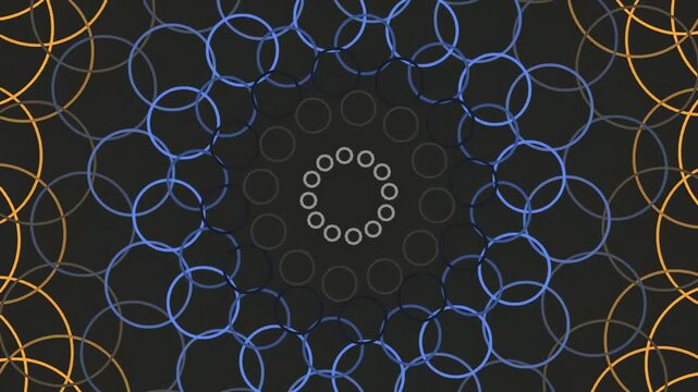 Abstract Geometric Background Featuring Concentric Circles and Interlocking Rings in Blue and Yellow Tones on Dark Gray