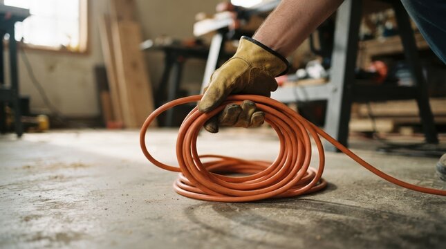 Gloved hand holding a coiled orange extension cord in a workshop setting for electrical work