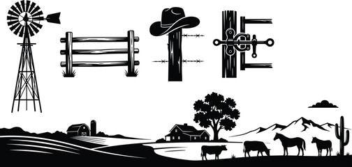 Western ranch and rural countryside landscape black silhouette vector set featuring windmill cowboy hat and farm livestock © Shilpi
